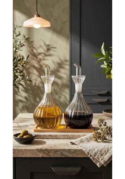 2 Adet 900 Ml Borosilikat Tombul Çizgili Cam Yağdanlık Ve Bambu Stant Yağlık Sirkelik Seti Şeffaf