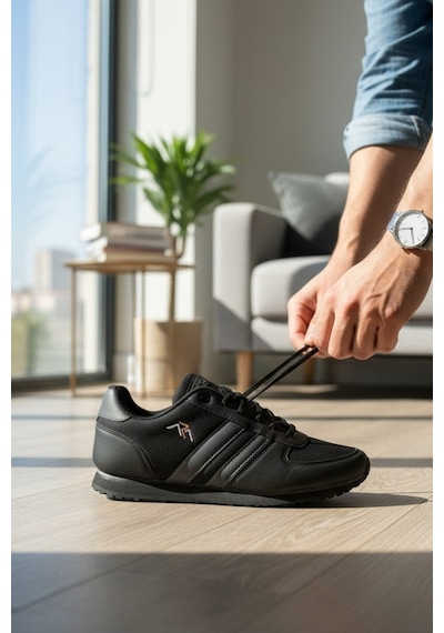 Enoch Erkek Spor Ayakkabı Beyaz Sneaker Siyah Şeritli Ve Kırmızı Detaylı Retro Yürüyüş Modeli Siyah