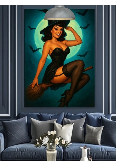 Tatlı Cadı Kadın Seksi Poz Retro Dekoratif Kanvas - Mdf Ahşap Tablo