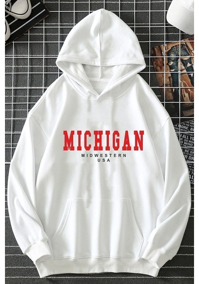 Uyguntarz Unisex Michigan Baskılı Sweatshirt beyaz