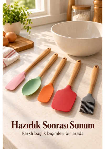 Mutfak Gereçleri Seti Ahşap Görünümlü Saplı Renkli Başlıklar Turuncu