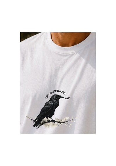 Qmen Style Unisex Beyaz Oversize Baskılı T-shirt Espirili Raven Baskılı %100 Pamuk