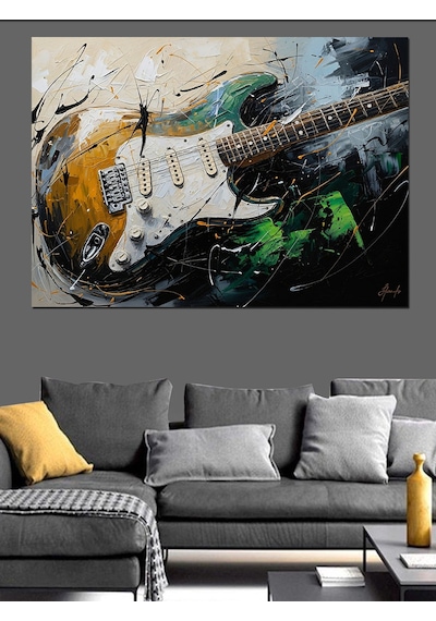 Ahşap Tablo Elektro Gitar Ve Renk Patlaması