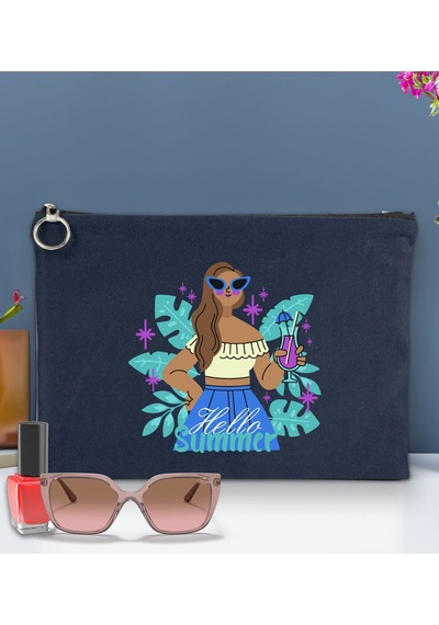 Bk Gift Yaz Temalı-3 Astarlı Lacivert Portföy Çanta 30x21cm, Baskılı El Çantası, Organizer Çanta