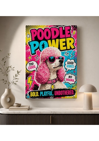 Bk Gift Poodle Power Yazılı Pembe Saçlı Güneş Gözlüklü Kaniş Pop Art Renkli Kanvas Duvar Tablosu 50x70 Cm