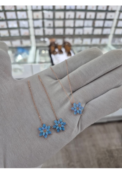 925 Ayar Turkuaz Opal Küpe Kolye Set Opal Takım Manolya Set.rose.gold.rodaj Opal Gümüş