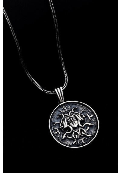Erkek Gümüş Kolye - Yunan Tanrısı Medusa İşlemeli Gümüş Kolye
