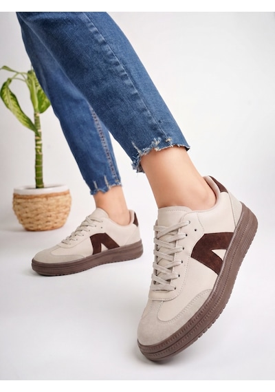 Kadın Sneaker Yüksek Taban Ortopedik Bağcıklı Spor Ayakkabı Retro Bej-011