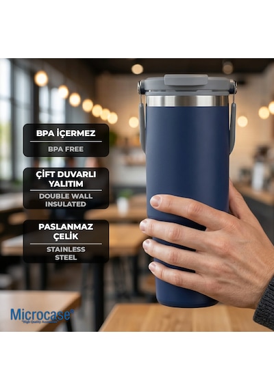 Microcase 900ml Pipetli El Tutacaklı Paslanmaz Çelik Termos Mug - Al5722 Lacivert