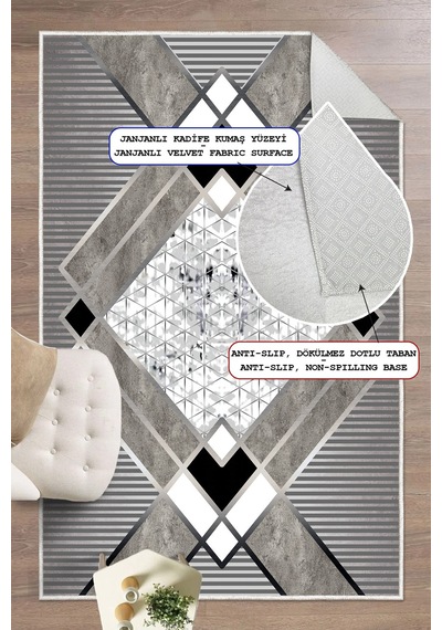 Geometrik Desenli Makinede Yıkanabilir Kaymaz Taban Oturma Odası Salon Halı Koridor Halı Gri - Çerçeve Gri