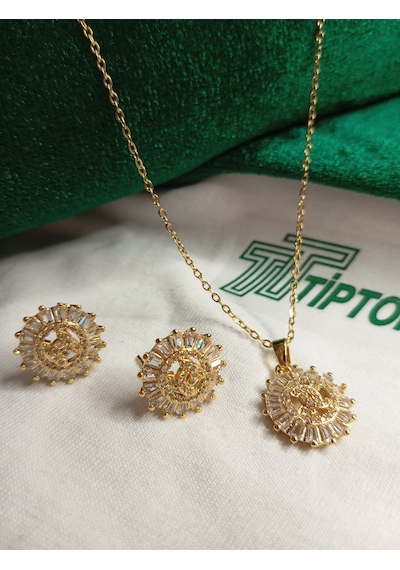 Tiptop/ Gold Renk Zirkon Taşlı Güneş Model Kolye Ve Küpe Set Gold