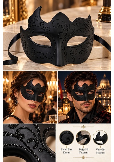 Siyah Venedik Maskesi Sim Desenli Bağcıklı Maskeli Balo Parti Kostüm Halloween Cadılar Bayramı
