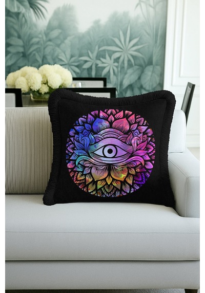 Spiritüel Lotus Motifli Saçaklı Yastık Kılıfı - Mistik Bohem Çok Renkli Püsküllü Kırlent Kılıfı Çok Renkli
