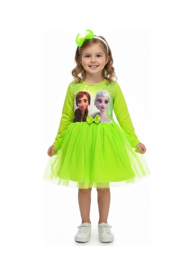 New Kids Tüllü Uzun Kollu Taçlı Kız Çocuk Elbise-90643 Yeşil