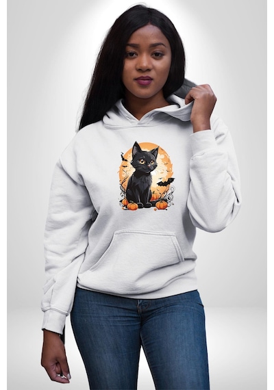 Cadılar Bayramı Kedi Kadın Erkek Beyaz Kapüşonlu Sweatshirt Hoodie Beyaz