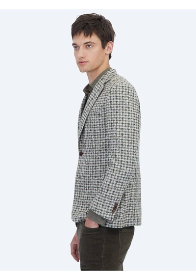 Kip Haki Desenli Modern Fit Yün Karışımlı Örme Ceket Haki