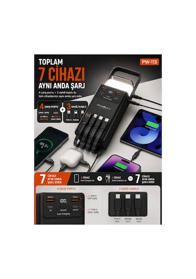 50.000 Mah Powerbank 22.5w Hızlı Şarj Lcd Ekran 4 Çıkış 4 Kablo Kamp Işıklı Taşınabilir Batarya Siyah