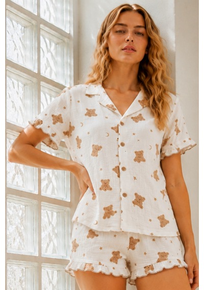 Kadın Örme Pamuklu Mini Kar Beyaz Pijama Takımı
