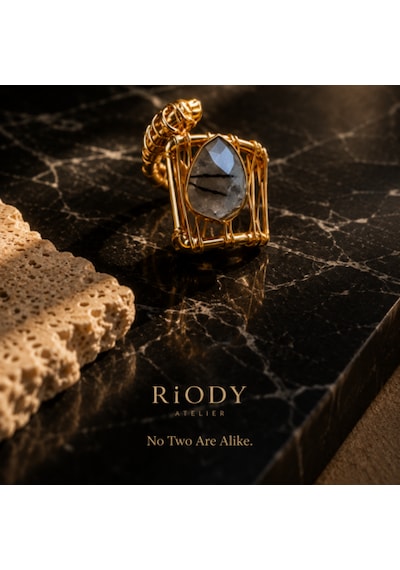 Riody Atelier El Yapımı Doğal Taş Yüzük Gold Tasarım Kadın Yüzük Sarı