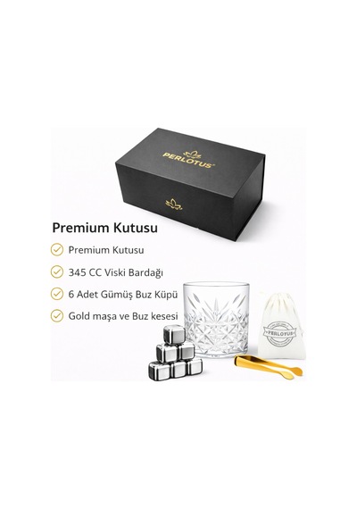 Perlotus Premium 345 Cc Kristal Bardak Ve Çelik Buz Küpü Seti Gıdaya Uygun Çelik Küp Gold Maşa Hediye Kutusunda Gümüş