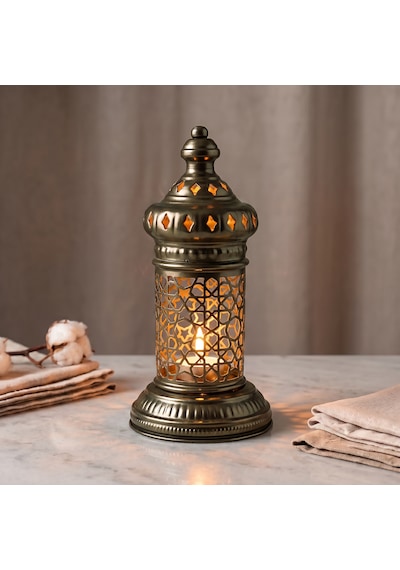 Beyaz Geometrik Metal Fener Selçuklu Yıldızı Çay Feneği Tutucu Minimalist Fas Mum Dekorasyonu Haki