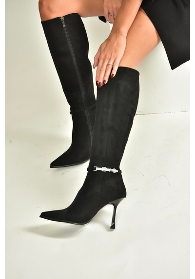 Fox Shoes V820330002 Siyah Süet İnce Topuklu Kadın Çizme Siyah