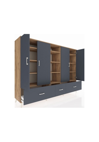 Hyperion Dolap 12 Raflı 3 Çekmeceli 4 Kapaklı 220x44x163 Çam-antr Çam-antrasit