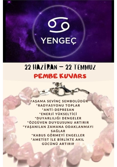 Gümüştel El Sanatları Sertifikalı Burç Taşı Yengeç Burcu Pembe Kuvars Taşı Bileklik Pembe