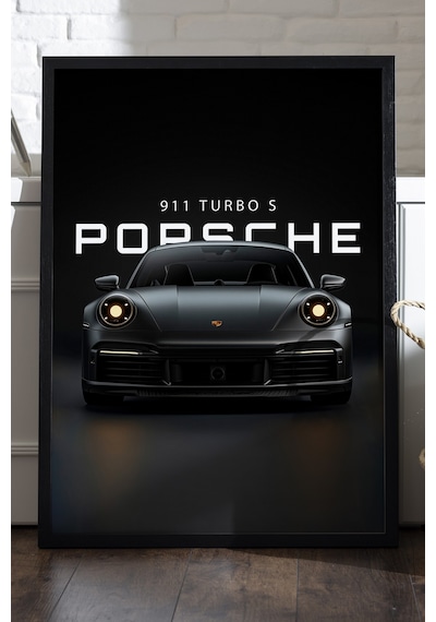 Porsche 911 Turbo S Siyah Ahşap Çerçeveli Poster, Dekoratif Araba Duvar Tablosu