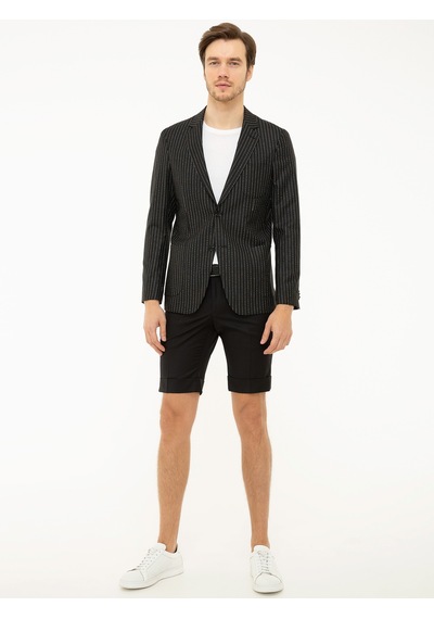 Cacharel Siyah Slim Fit Keten Karışımlı Çizgili Ceket