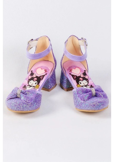 Nese Shoes Kız Çocuk Topuklu Ayakkabı, Karakter Baskılı Simli Fiyonklu Abiye Mor