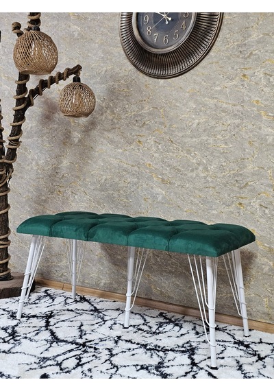 Zafir Metal Beyaz Tel Ayaklı 100 Cm Puf Bench - Puf - Bench - Oturak - Mutfak Oturağı - Antre Oturağı Yeşil