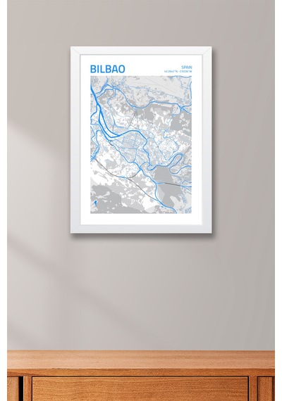 Bilbao İspanya Spain Haritası Çerçeveli Tablo Lüks Salon Ofis Duvar Dekorasyonu Hediyelik Tablo Beyaz