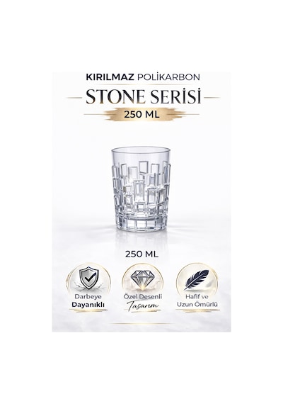 Kırılmaz Polikarbon Stone Serisi Bardak 6 Adet 250 Ml Cam Görünümlü Desenli Tasarım Şeffaf