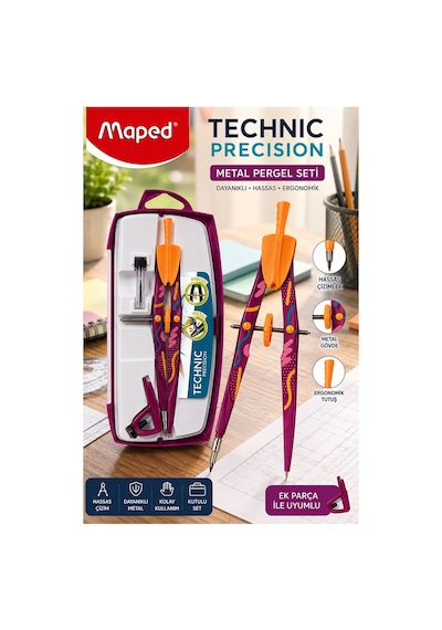 Mor Metal Pergel Seti 3 Parça 1 Adet Maped Technic 291013 Precision Profesyonel Pergel Çizim Matematik Geometri Mimari