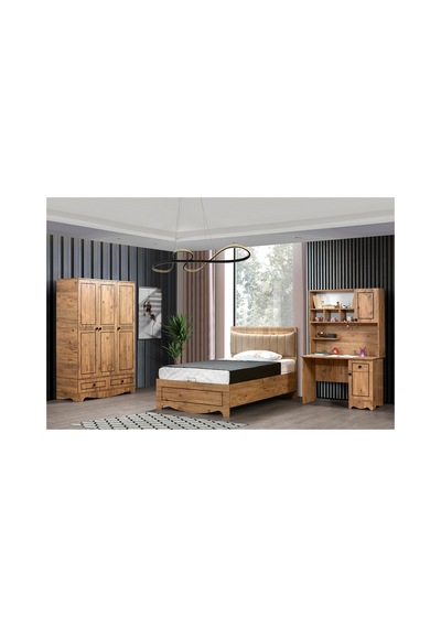 Papatya Genç Odası - 3 Kapaklı Dolap, Bazalı Karyola, Komodin, Masa - 90x190 Ceviz