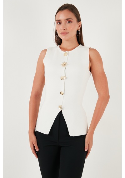Lela Premium Regular Fit Bisiklet Yaka Düğme Detaylı Bayan Yelek 680Ye00043 Ekru
