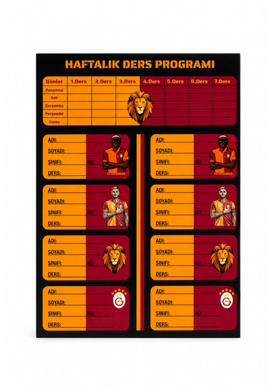 Galatasaray Lisanslı Haftalık Ders Programı Ve Okul Etiketi Seti - 12'li Taraftar Okul Seti Sarı - Kırmızı