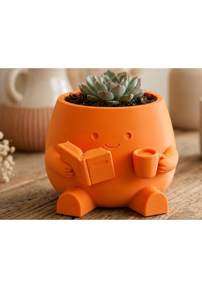 3d Baskı Kitap Okuyan Saksı - Kupa Tutan Sevimli Saksı-turuncu Çok Renkli