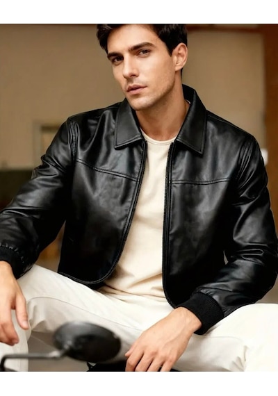 Basic Slim Fit Polo Yakalı Deri Ceket Siyah Deri