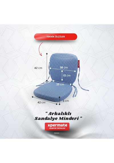 Pötikare Sırtlıklı Sandalye Minderi 42x42 Fermuarlı Yıkanabilir Kılıf Bağcıklı Minder Standart Fit Mavi