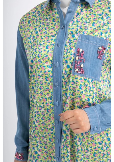 Pureva Taş İşlemeli Tencel Ve Desen Kumaşlı Tunik - Desen - 3 Çok Renkli