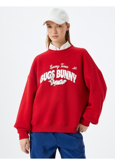 Koton Bugs Bunny Oversize Sweatshirt Arkası Baskılı Şardonlu Lisanslı Kırmızı 5wal10608ık Kırmızı