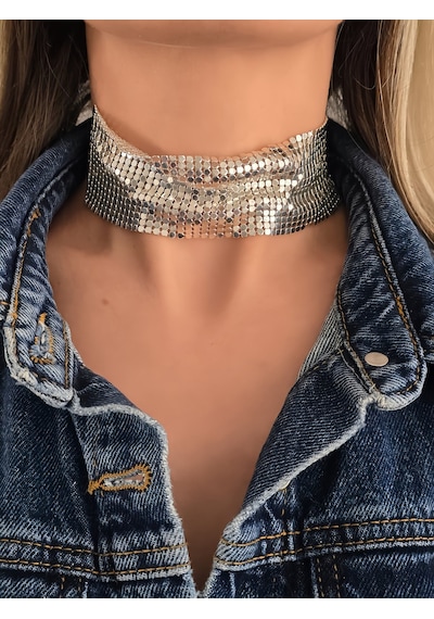 Arpa Pul Payet Zırh Metal Geniş Model Gümüş Choker Kolye Silver Çok Renkli