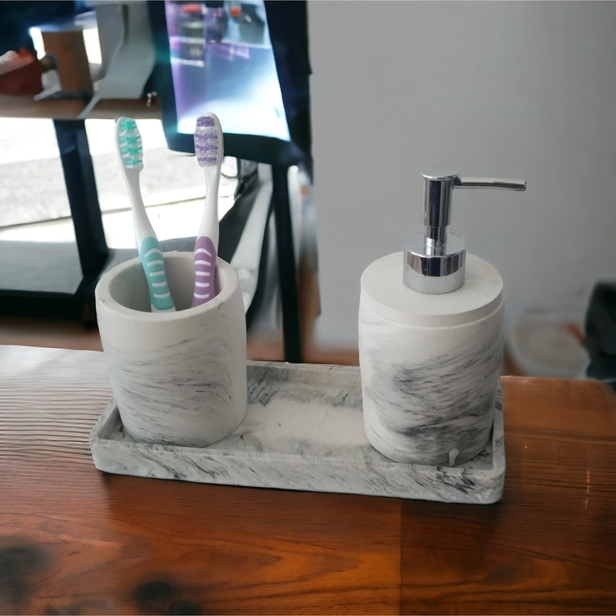 Marble 3'lü Banyo Seti, Sıvı Sabunluk Diş Fırçalığı Beton Aksesuar Takım Gri