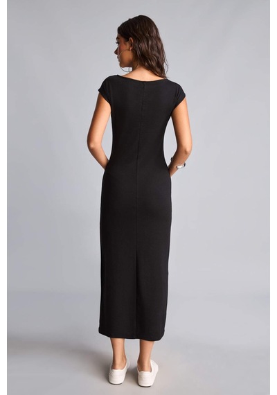 Defacto Pamuklu Bodycon Vücudu Saran Dik Yaka Modal Kısa Kollu Midi Elbise H0862ax26aubk81 Siyah-bk81