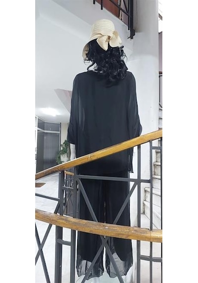 Eren Style İtalyan Payetli İpek Bluz Pantolon Takım-9608 Siyah