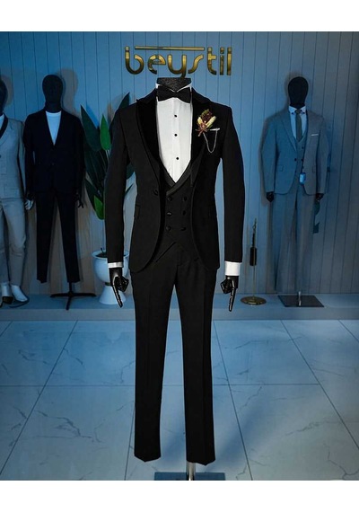 Bys Beystil Siyah Şal Yaka Üzerine Sivri Yaka Damatlık & Smokin Takımı 10001 - Slim Fit