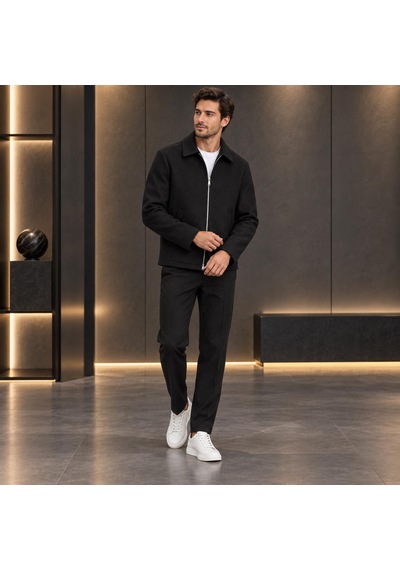 Stormwear Erkek İthal Kaşe Ceket Gömlek Yaka Fermuarlı Cepli Mevsimlik Kaban Mont Siyah