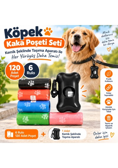 Köpek Kaka Poşeti Seti 120 Adet 6 Rulo + Kemik Şeklinde Taşıma Aparatı